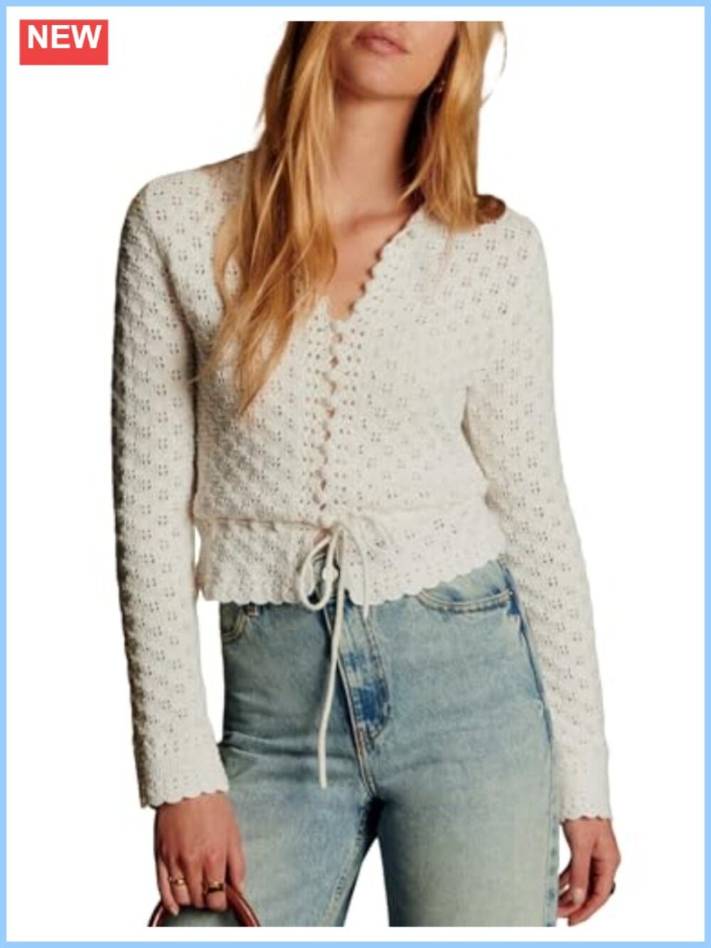Crochet Cardigan Crewneck Tie Front Lightweight Knit Sweater